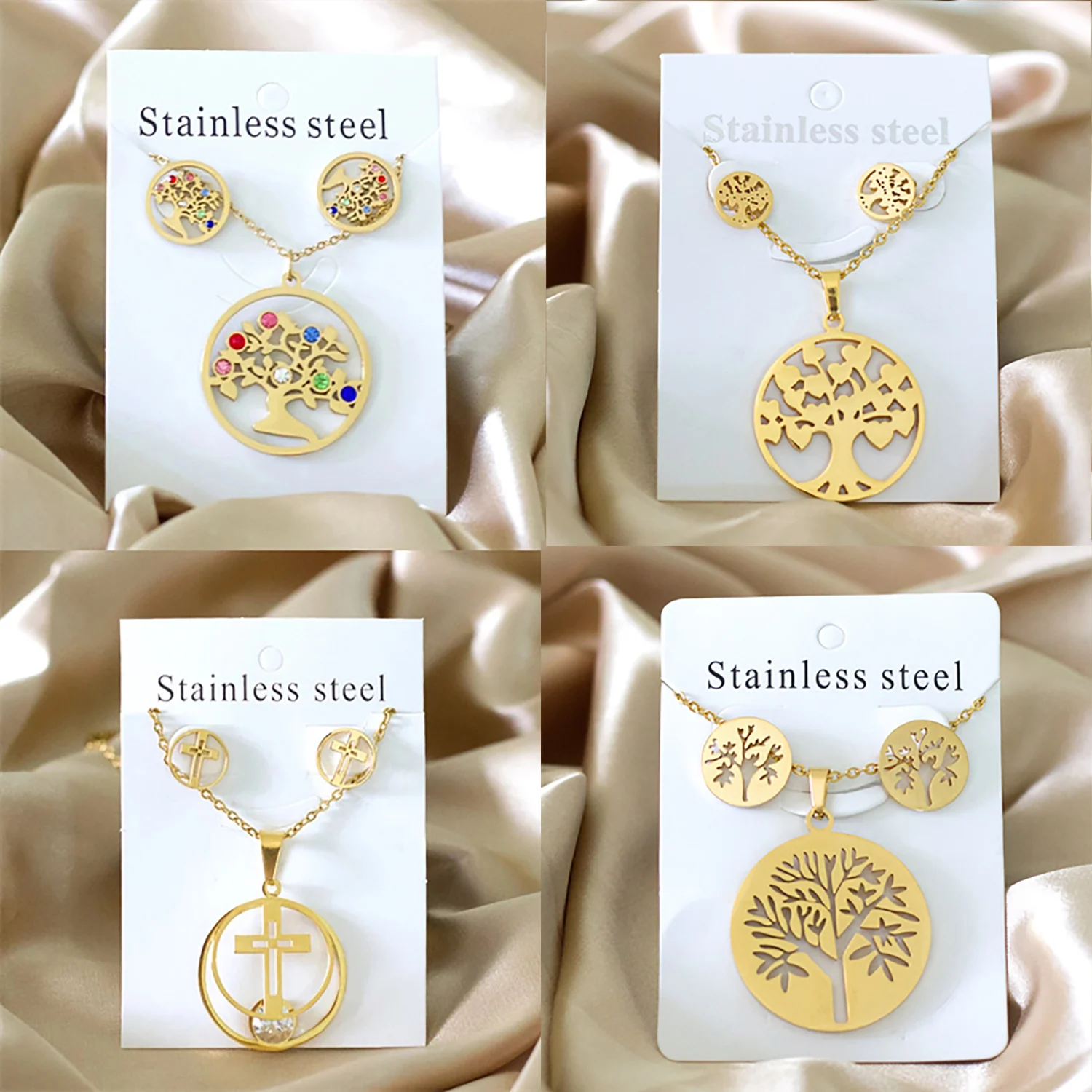 acier inoxydable bijoux Round Big Tree Pattern Pendant Necklace and Stud Earrings Set Stainless Steel Jewelry Set for Women Gift