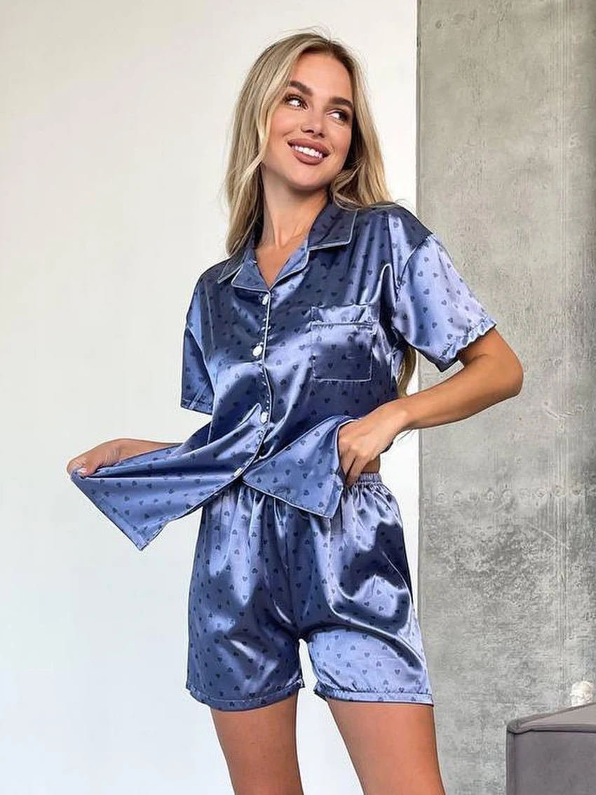 Marthaqiqi Casual Summer Women Home Clothes Short Sleeve Nightwear Turn-Down Collar Sleepwear Shorts Printing Ladies Pajamas Set