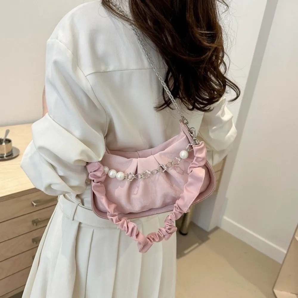 

Solid Color Cloud Shoulder Bag PU Leather Chain Pearl Chain Crossbody Bag Single Shoulder Korean Style Pleated Handbag Travel
