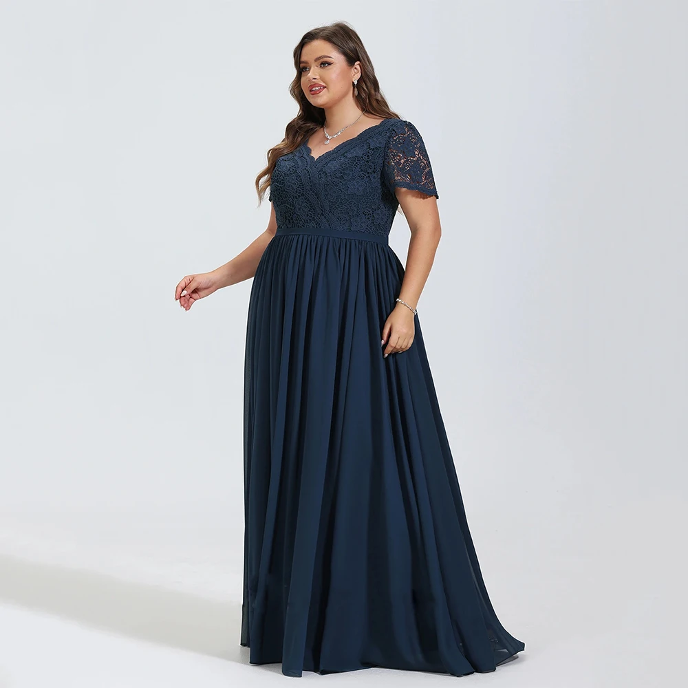 Navy Plus Size Mother of The Bride Dress Short  Sleeves V Neck Lace Chiffon Floor Length A Line Women Wedding Guest Party Gown