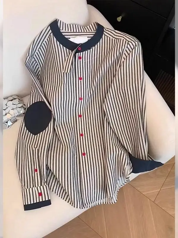 

plus Size Retro Striped Long Sve round Ne irt ex Spring Autumn Faion Design Lazy Sle irt Color Blo irt