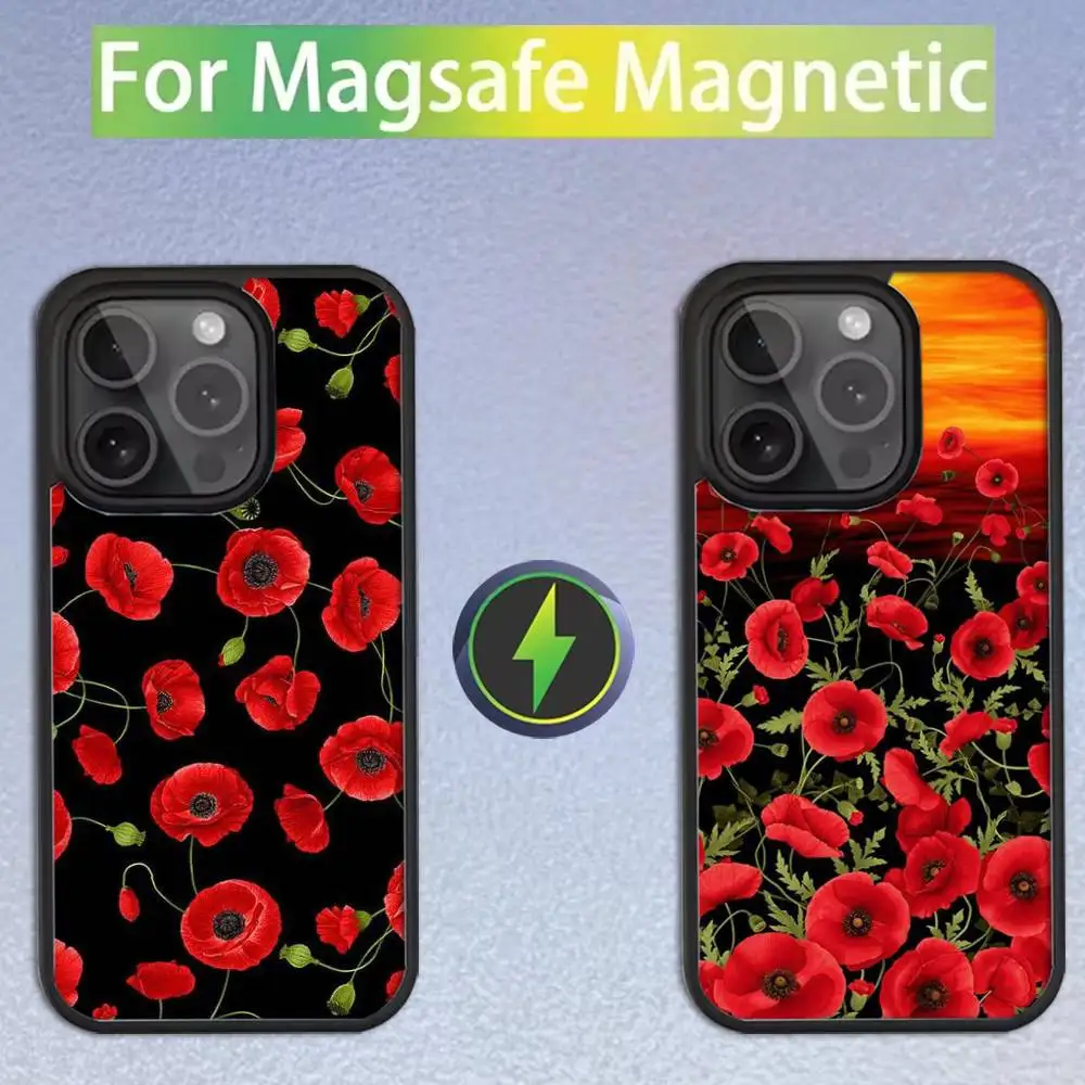 

Red Poppies flowers Phone Case For iPhone 16,15,14,13,12,11,Pro,Max,Plus,Mini,SE Magsafe Magnetic Wireless Charging