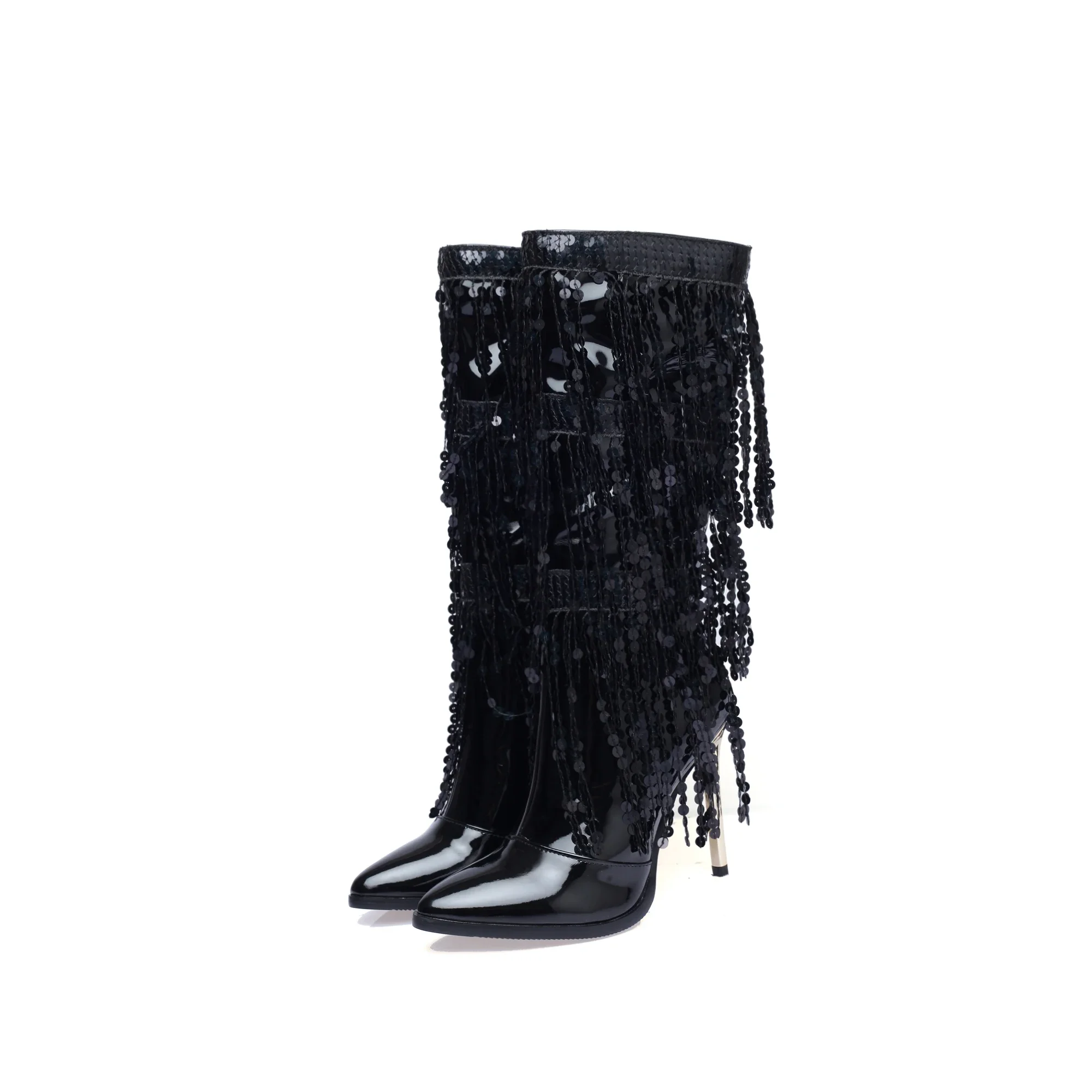 

Bling Bling Wedding Shining Boots With Sequined Fringes Tassels Zip Up Pointed Toe Super Thin High Heels Mid-calf Women Boots