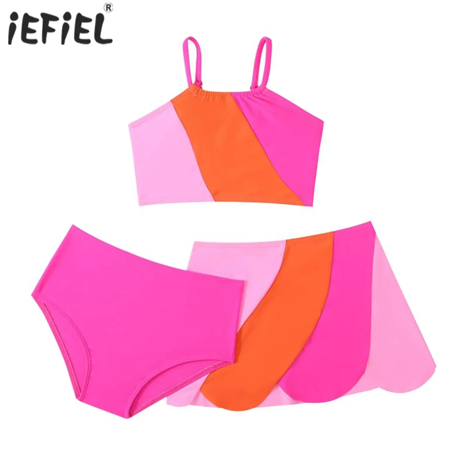 Kids Girls 3 Pieces Swimsuit Beachwear Swim Tank Top Swim Skirt and Briefs Set Swimwear Color Contrast Swimming Bathing Suits