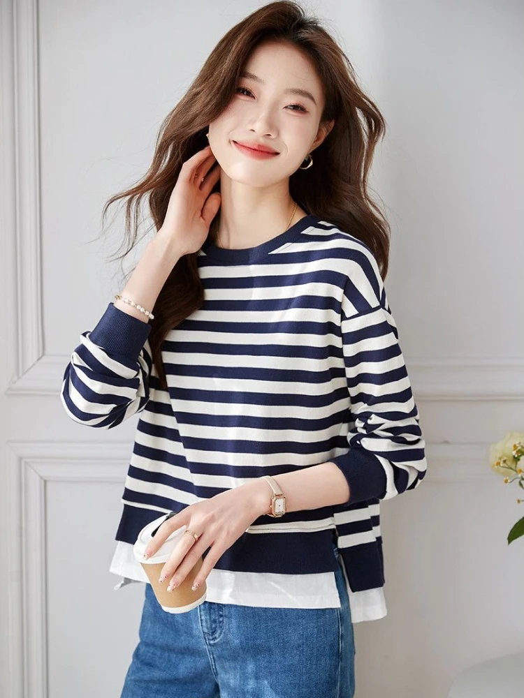Women Striped Crew Neck Knit Patchwork Sweatshirt Layered Look Long Sleeve Casual Spring Autumn Streetwear Tops