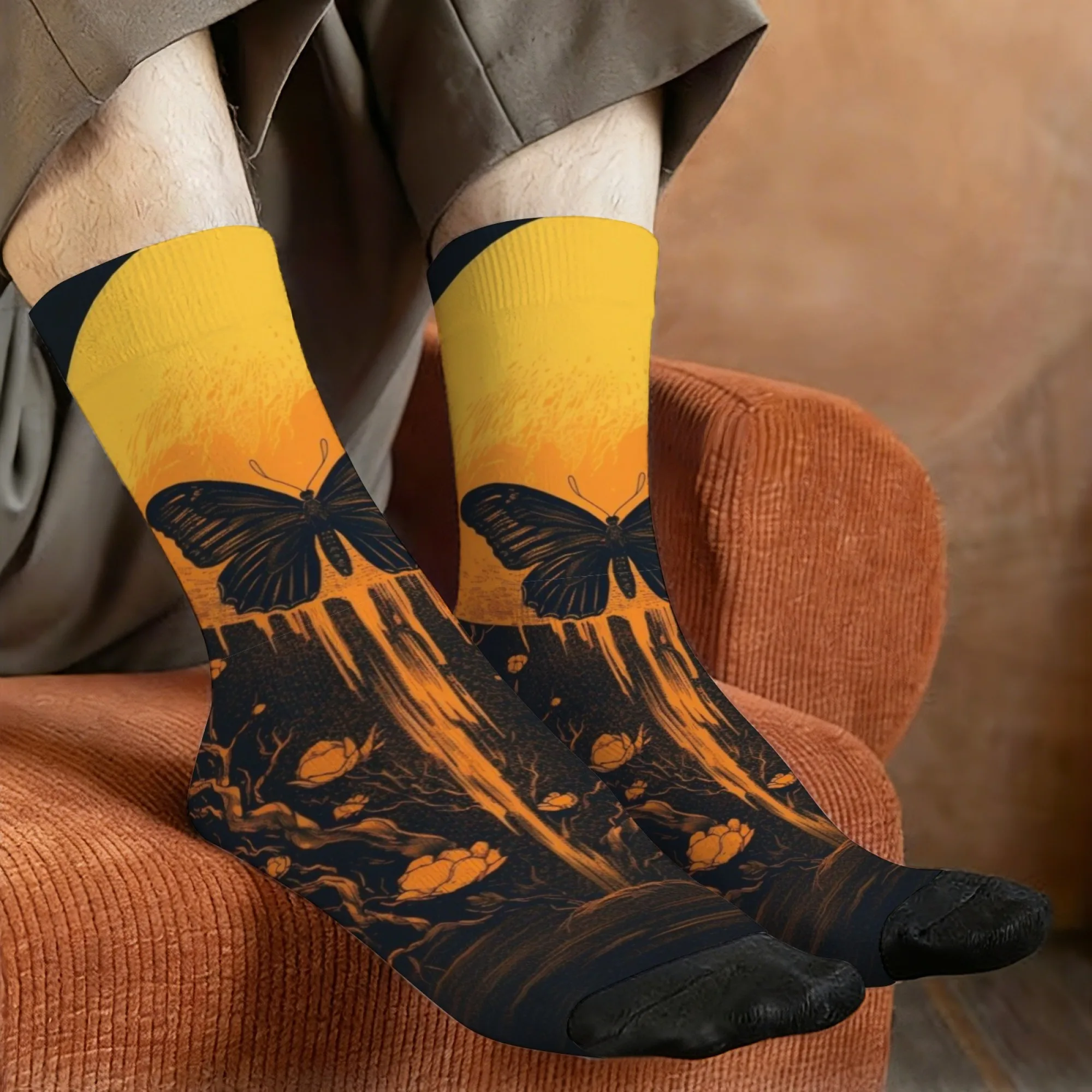 

Harajuku Retro Romantic Butterfly Print Men's Socks, Comfortable, Breathable, Non-Slip Casual Socks, Crazy Party Gift