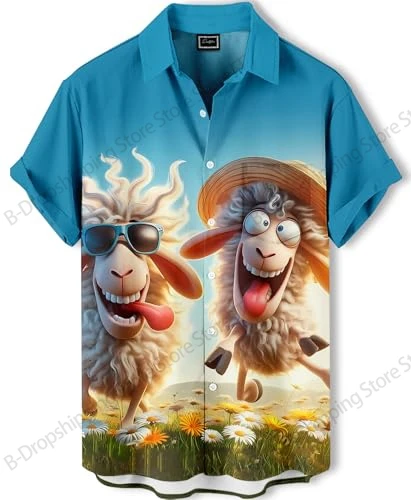 

Забавные овечьи гавайские рубашки, мужская одежда, однобортная пляжная рубашка с короткими рукавами и 3D принтом животных, женские топы, мужская рубашка, новинка