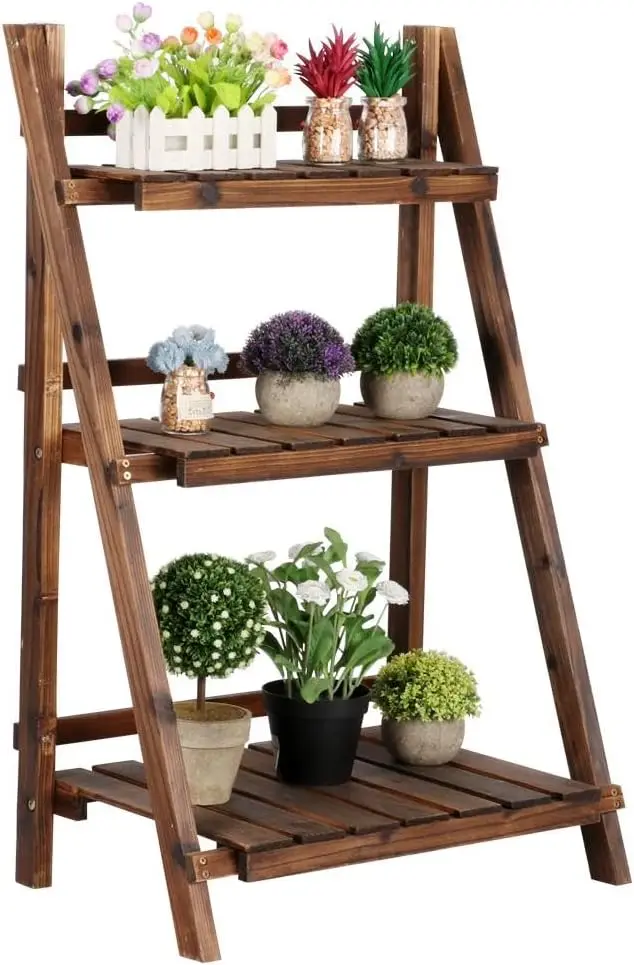 Folding Plant Stand Wooden Foldable Plant Shelf 3-Tier Flower Pot Stand Plants Display Shelf Rack