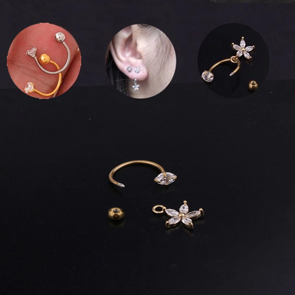 Golden Curved CZ Cartilage Stud Flower Helix Rook Conch Screw Back Earrings 316L Stainless Steel Ear Piercing Jewelry Lip Rings