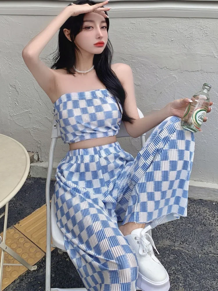 

2024 New Summer Fashion Casual Plaid 2 Piece Set Women Strapless Crop Top + Wide Leg Pants Suits Female Sexy Outfits For Woman