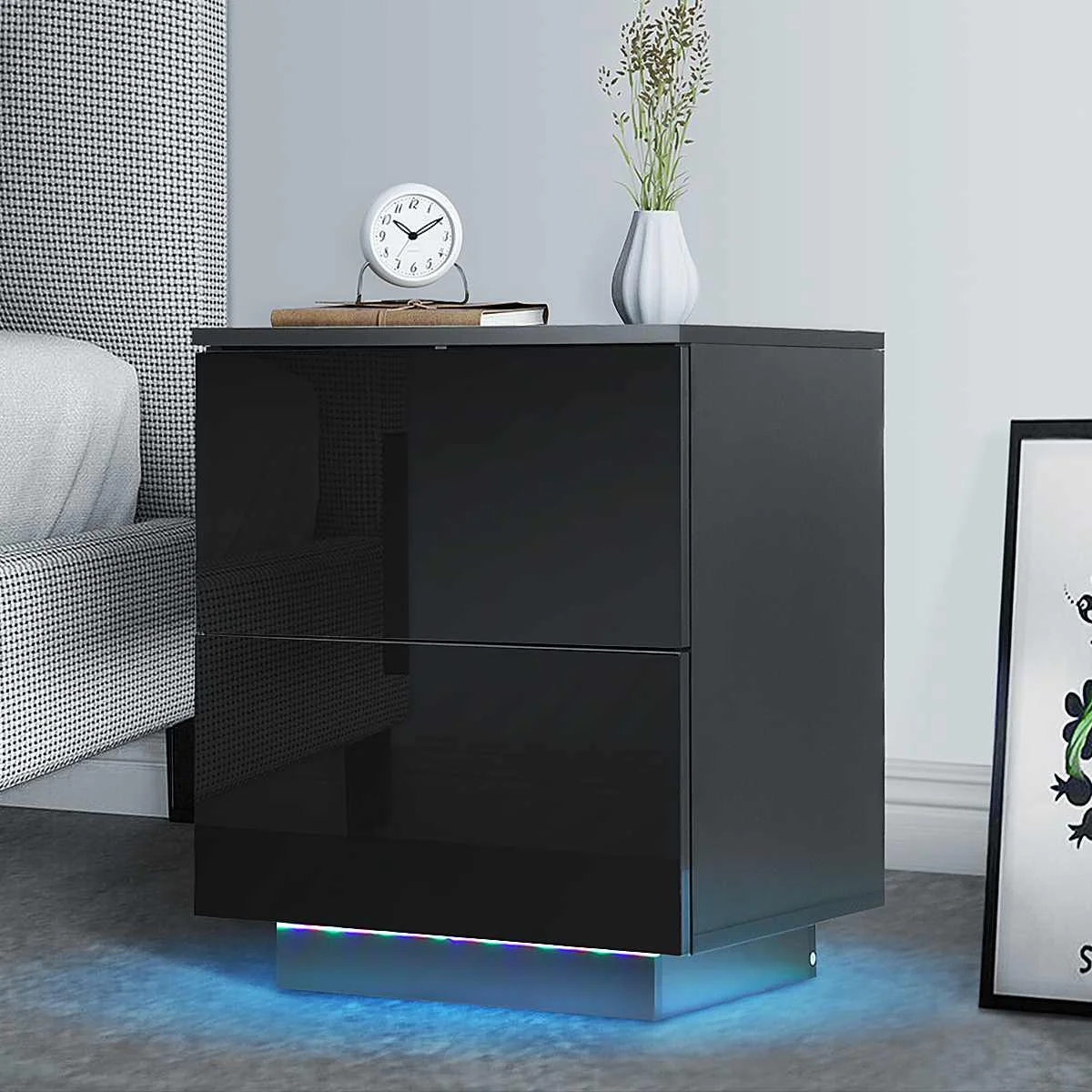 7type LED Modern Nightstand High Gloss Nightstand with 2 Drawer and Storage Shelf Cabinet Locker Double Organizer Home Furniture