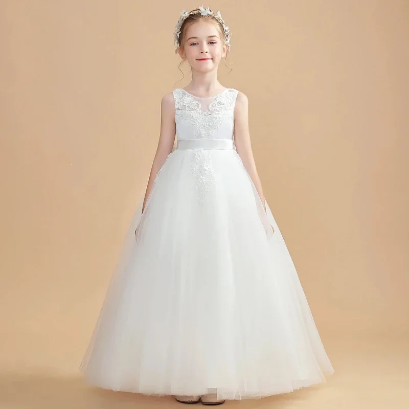 Пышные цветочные платья с большим бантом без рукавов для свадьбы, дня рождения, вечеринки, платья для святого причастия, платья для девочек-цветочниц, белый тюль