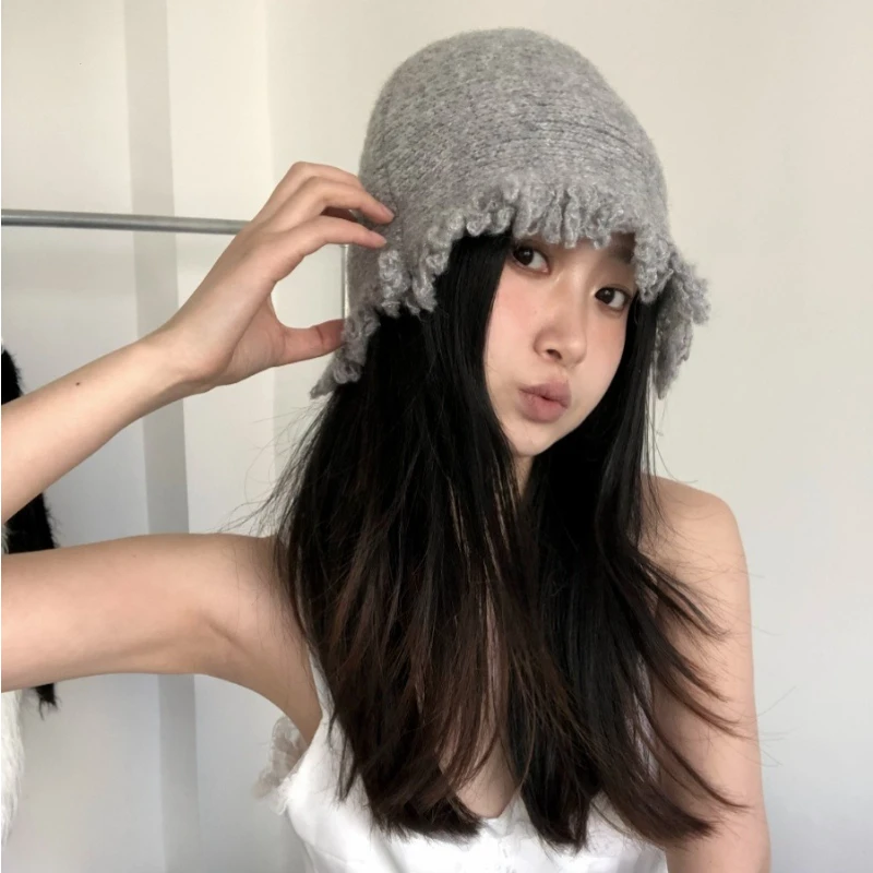 New Retro Gray Tassel Knitted Pile Cap Women Korean Version Autumn Winter Versatile Woolen Hat Bucket Cap Unisex Y2k Girls