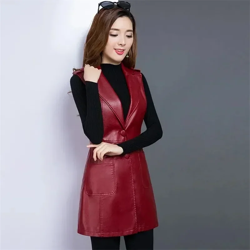 Faux Leather Vest Women\'s Clothing 2022 PU Autumn Jacket Korean Solid Sleeveless Vest Mid Long Coat Female Waistcoat Outerwear