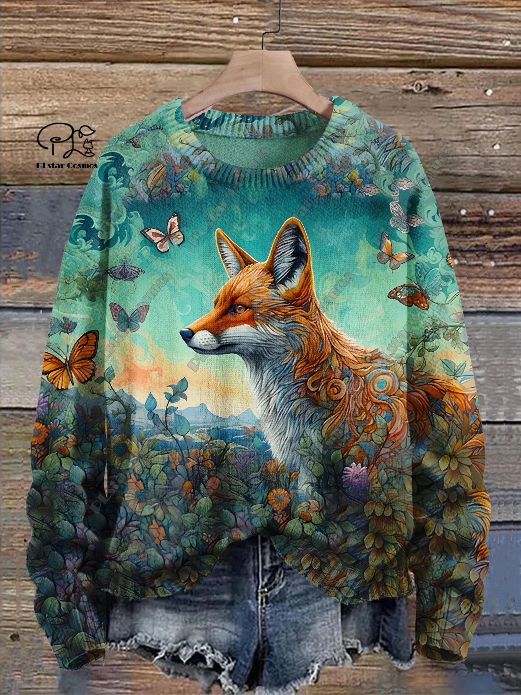 PLstar Cosmos nueva serie de animales con estampado 3D lindo patrón de zorro suéter feo invierno calle casual unisex