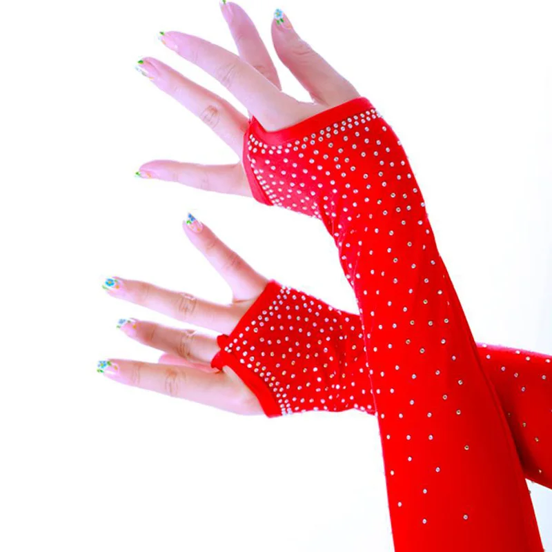 Sexy Lace Gloves Latin Stage Dance Stage Performance Arm Sleeves Female Mesh Flash Drilling Rhinestone Half Finger Gloves S155