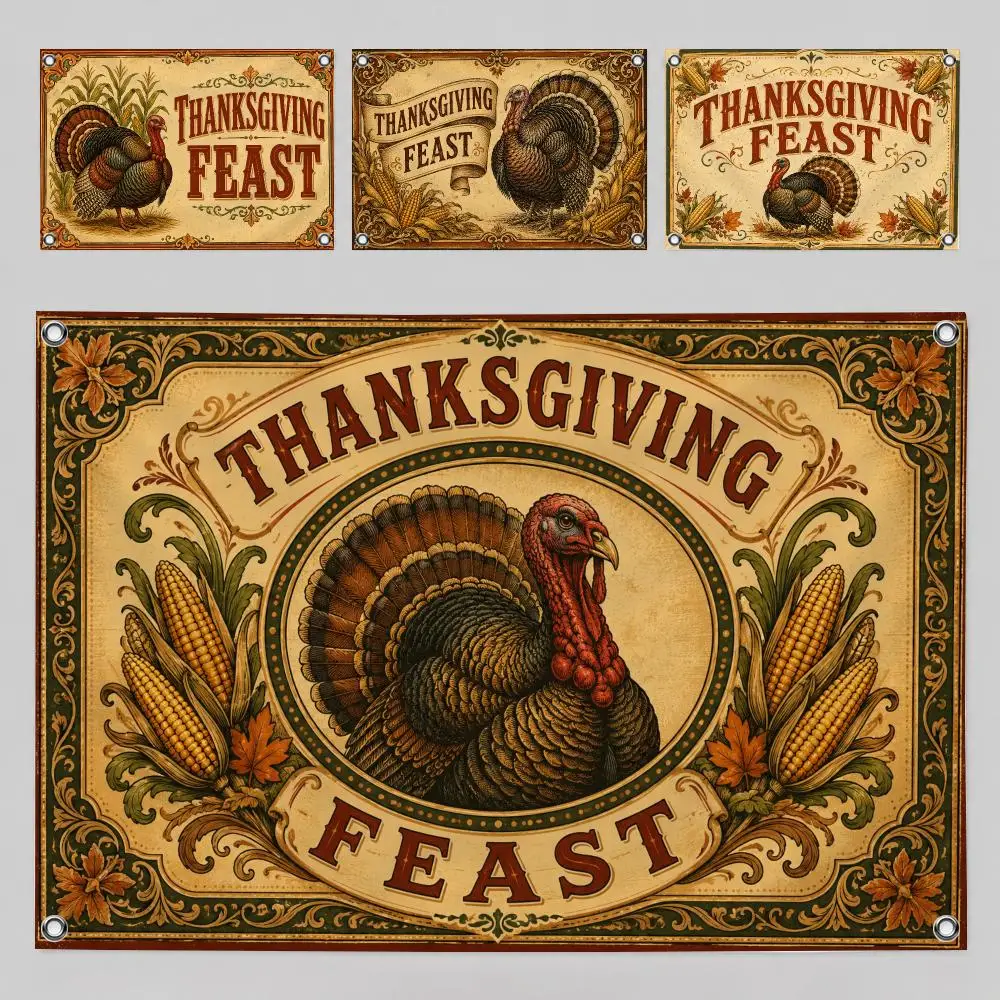 Thanksgiving Feast Holiday Vintage Style Flags Home Yard & Garden Decor Banner - Indoor Outdoor Wall Hanging Flag