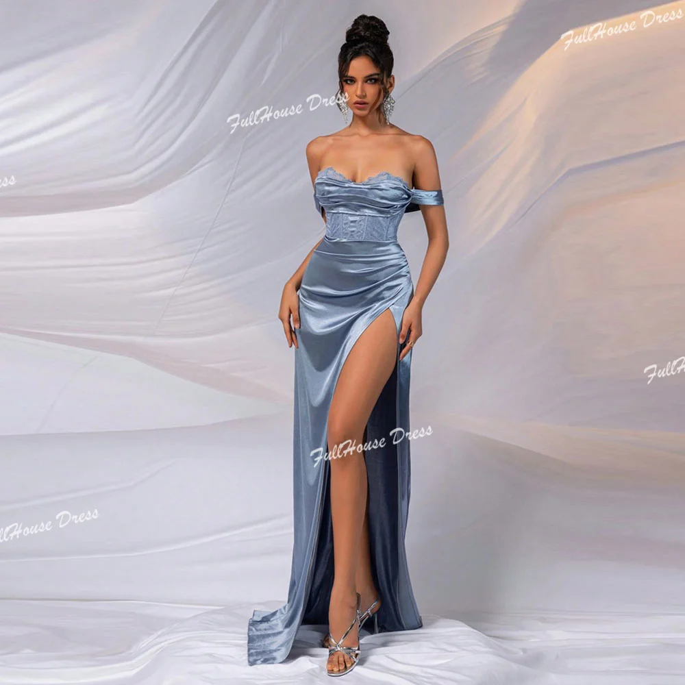 

Custom Made Off Shoulder Pleated Evening Dress with Lace Sexy Sheath Backless Floor Length Prom Dress with Court Side Split