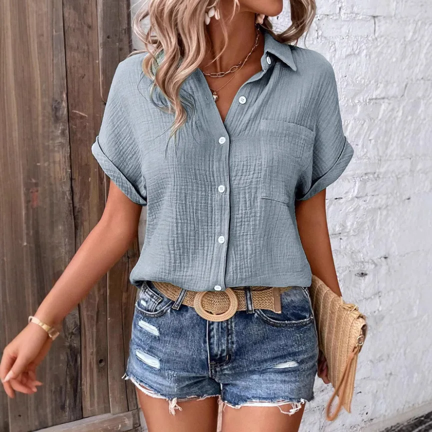 2025 여름 여성 패션 버튼 라펠 반팔 루즈핏 탑 단색 셔츠 여성 데일리 출퇴근 스타일 만능 셔츠
