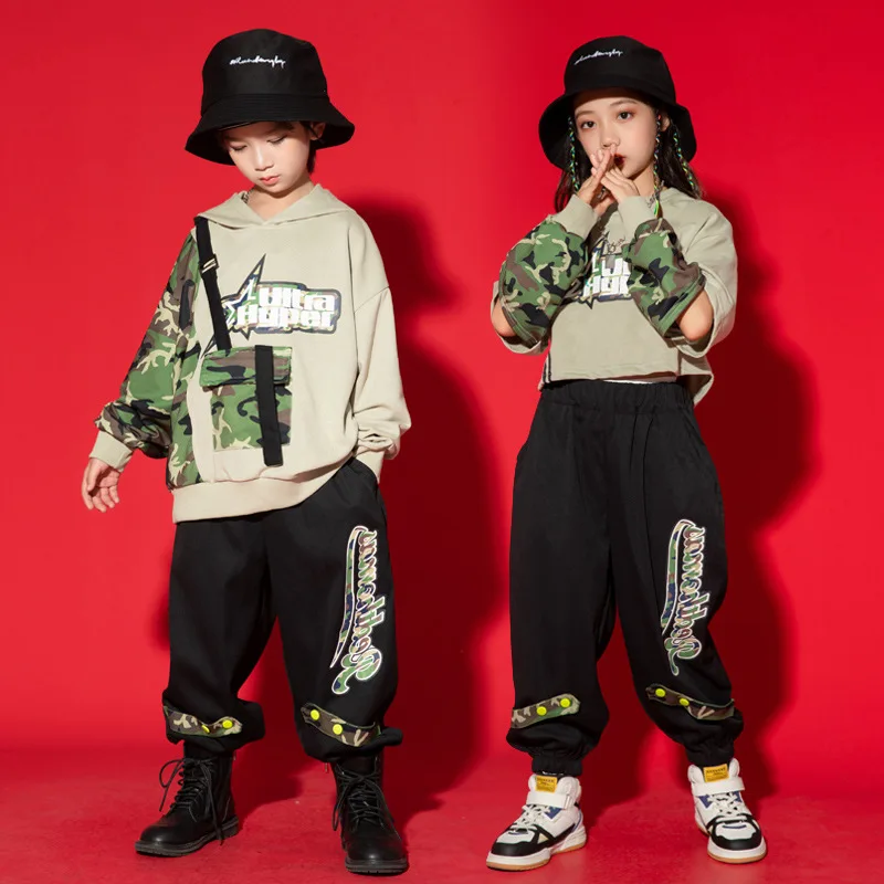 Jazz Dance Girls Costume Fashion Letter Print Camouflage Patchwork Pullover Elastic Waist Loose Sweatpant 2pcs Kids Clothes Boys