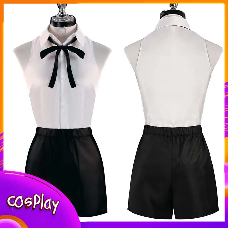 レゼ-コスプレ衣装-悪魔フルセット-女性用ノースリーブ白シャツ-黒蝶ネクタイチョーカー付き衣装-ハロウィンコミコン小道具