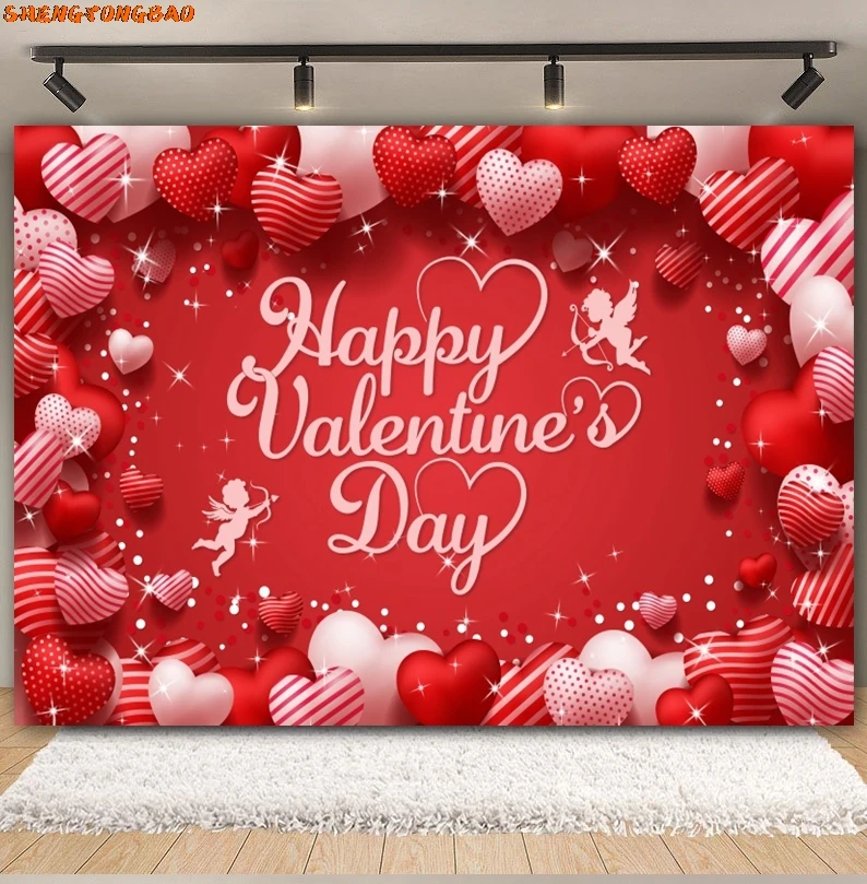 Happy Valentine's Day Backdrop Red Love Heart Wedding Bridal Shower Anniversary Valentine Party Photography Background Decor
