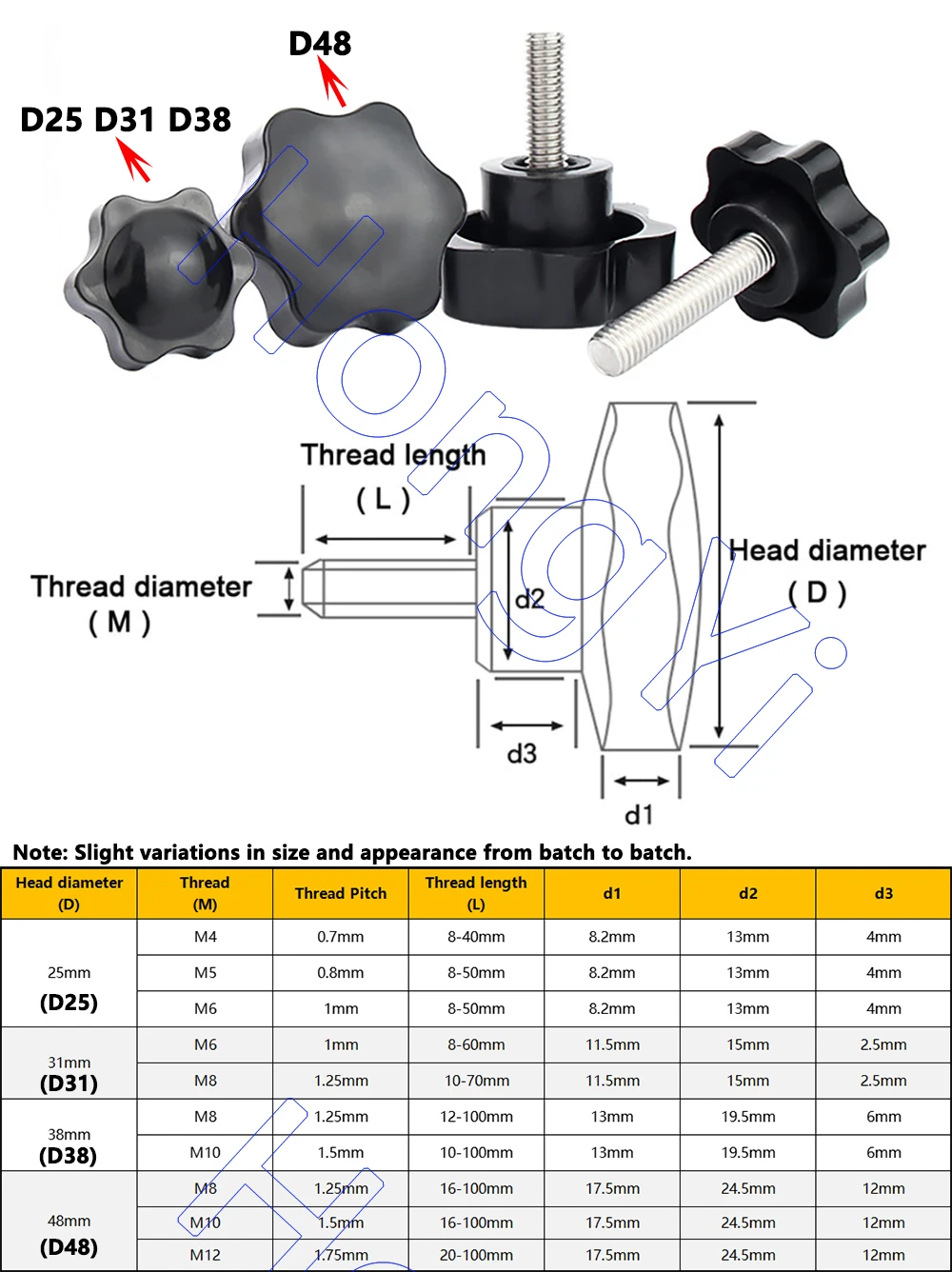 M4 M5 M8 M6ลูกบิดสกรูสแตนเลส304เกลียว D25 D31 D38 D48รูปดาวสลักเกลียวสกรูขันให้แน่น