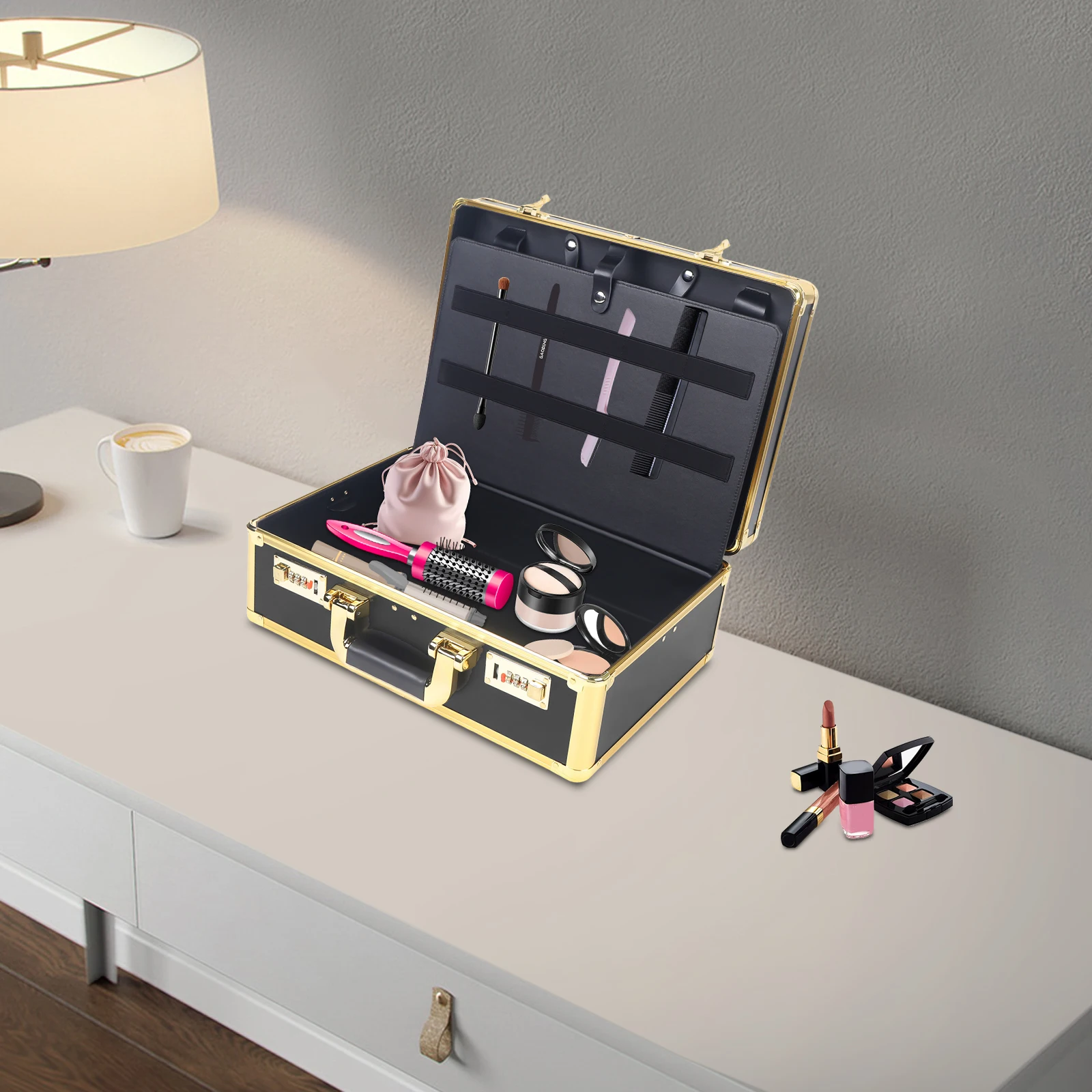 

Professional Hair Stylist Tool Case, Gold Makeup Organizer with Mirror, Portable Beauty Storage Box for Cosmetics & Barber Tools