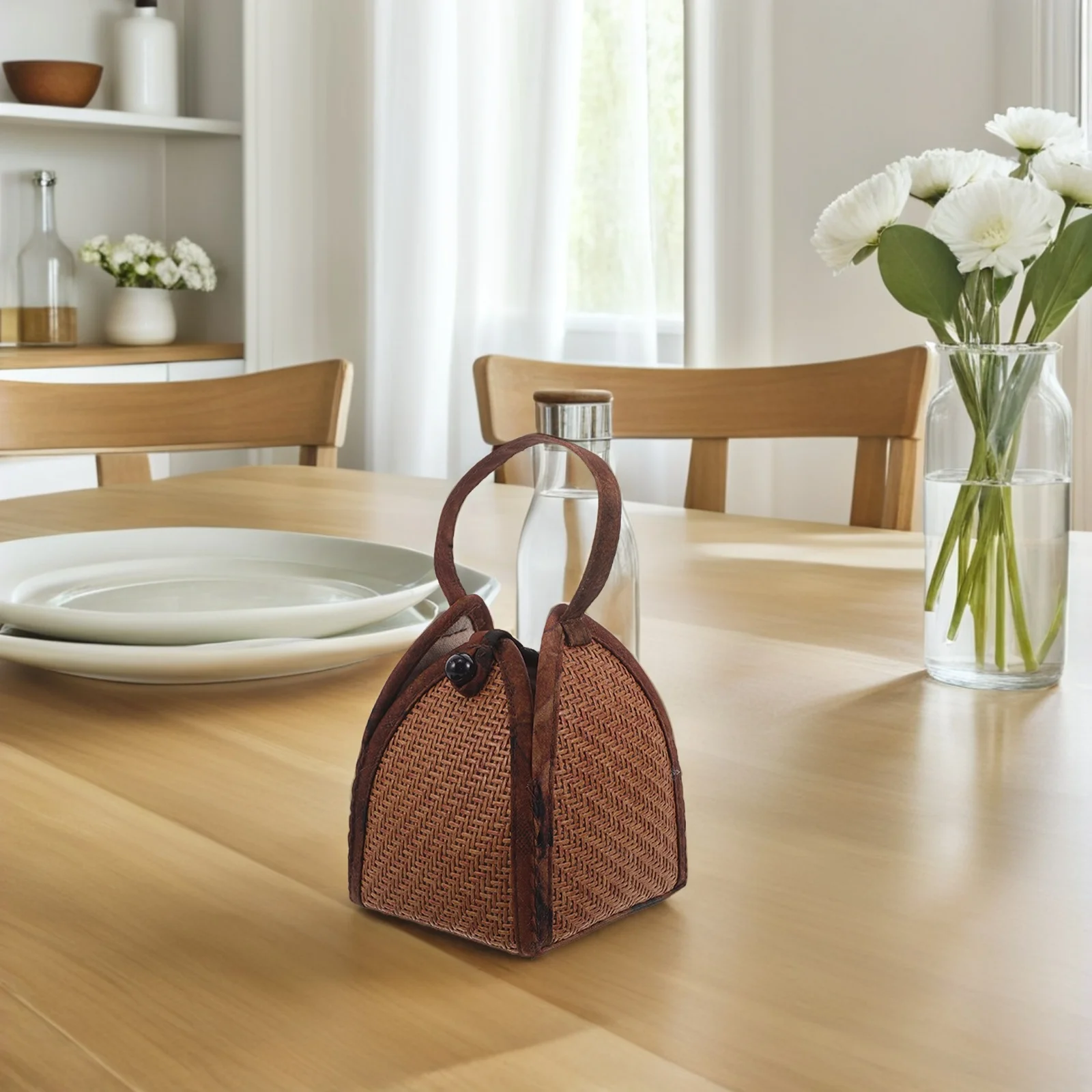 차 컵 보관 가방 손으로 짠 라탄 정리함 두꺼운 천 안전한 잠금장치 휴대용 손잡이 야외 여행용 일본 차