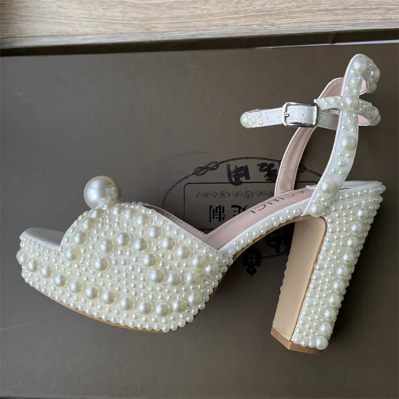 Fully Handmade Pearl Thick Heeled Fish Mouth Sandals Wedding Bride Banquet Fashion Waterproof Platform High Heel Women\'s Shoes