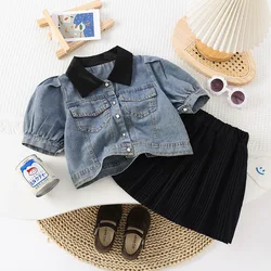 2024 Kids Girls  Fashion Summer Denim Lapel Short-sleeved Coat Shirt Tops + Pleated Skirt Cool 2pcs Clothing Sets