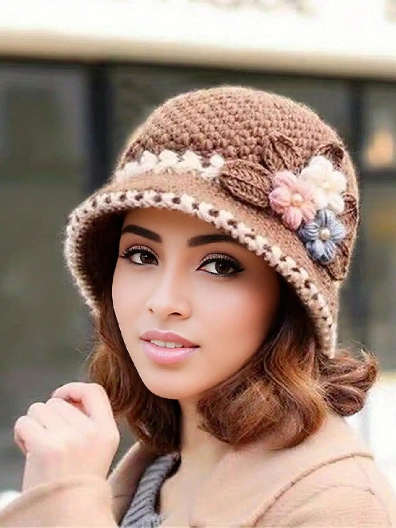 

Elegant Flower Crochet Bucket Hat Flower Knitted Basin Hats Lightweight Warm Bucket Hat For Women Autumn & Winter Boho