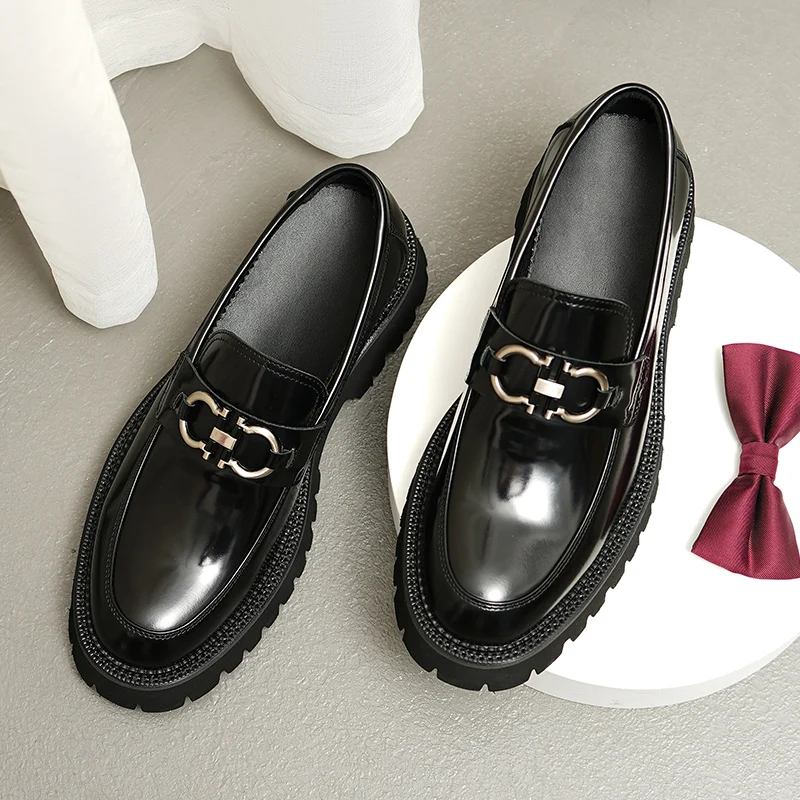 Punk Loafers Men\'s Business Shoes Thick Soles Round Toe Genuine Leather Causual Shoe Height Increase British Style Big Head Shoe