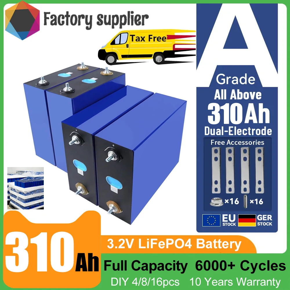 310Ah 3.2V LiFePO4 Battery 280Ah 105Ah Grade-A Full Capacity 6000+ Cycles DIY 12V 24V 48V LiFePO4 Battery with Screws Bus Bar