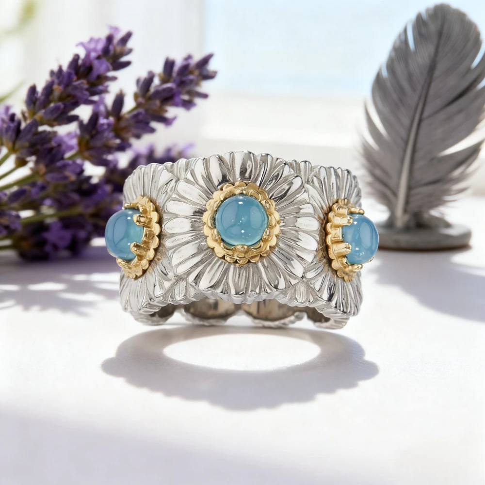 

Модное кольцо с бриллиантом из синего агата и маргаритки 2026, изысканный подарок ручной работы, ювелирные изделия