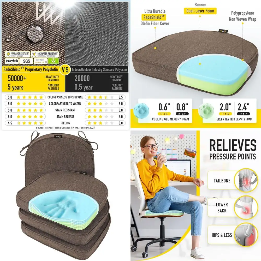 

Memory Foam Seat Cushions, Fade-Shield and Stain-Resistant, Reversible with Ties, 19x19, Set of 4, Heather Chestnut