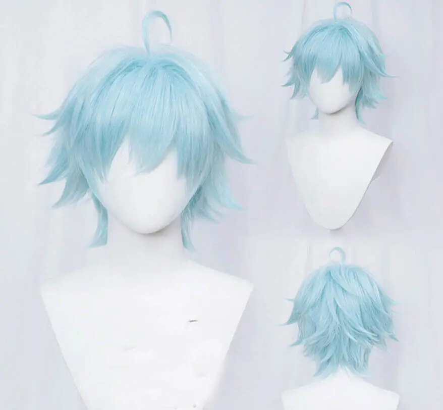 

Genshin Impact Chongyun Cosplay Wig 30cm Ice Blue Heat Resistant Synthetic Hair Anime Cosplay Wigs + Wig Cap