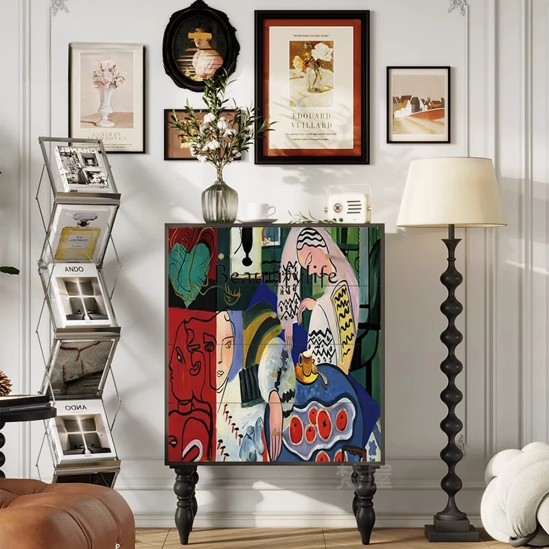

-French art decorative cabinet painted solid wood five-bucket living room wall sofa side cabinet
