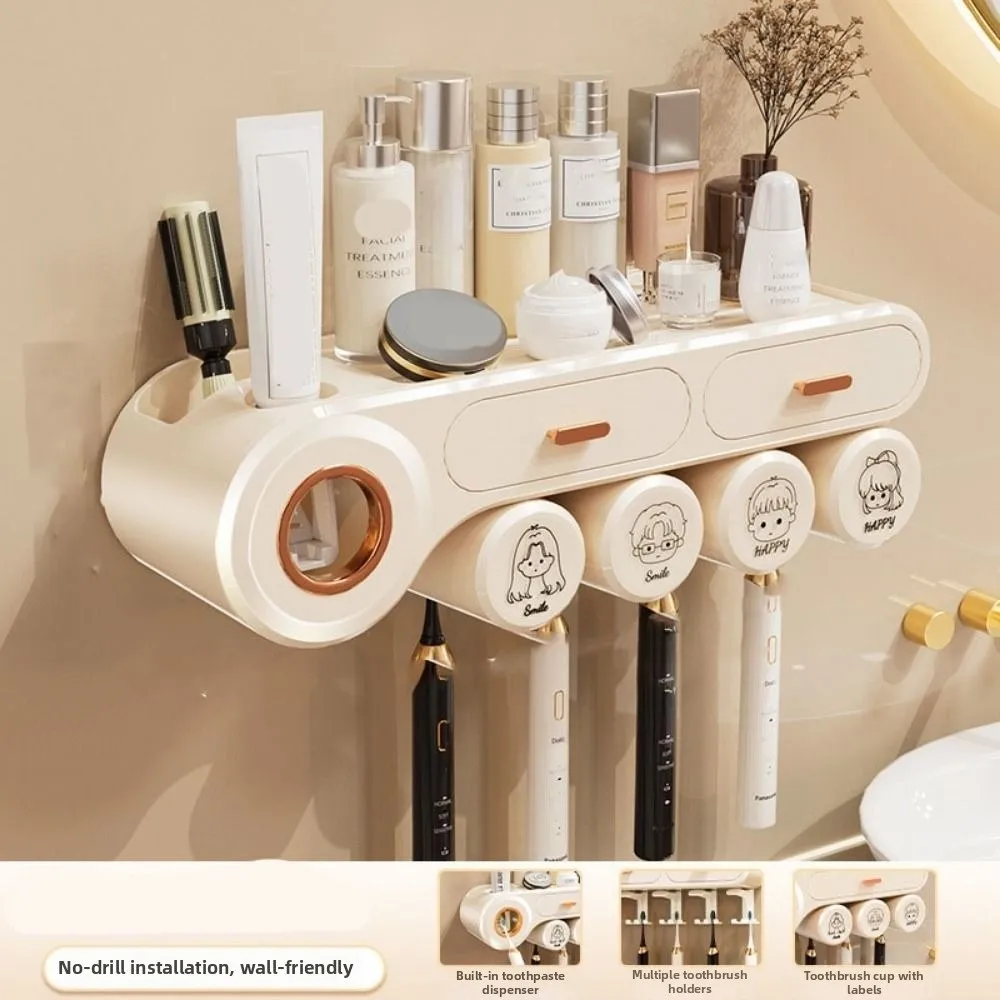 

Wall Mount Toothbrush Storage Rack Non Perforated 4 Person Toothpaste Shelf Reusable Rust-proof Bathroom Storage Shelf