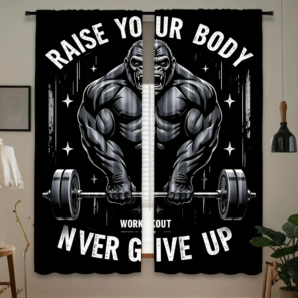 Gorilla Weightlifting Curtain Motivational Gym Quote Drape Muscle Fitness Art Window Treatment for Home Gym Garage Man CaveDecor