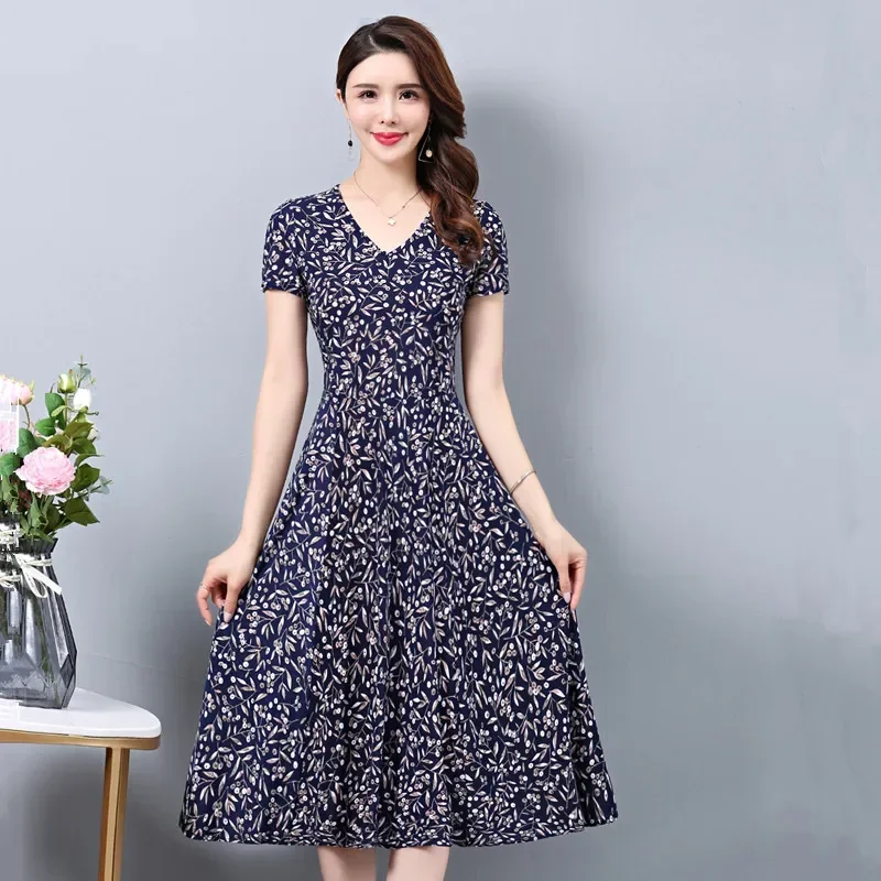 

Summer Women casual Dresses Middle-aged Casual Short sleeve High Waist Flower Print Party Dress Female Dress Vestidos B238