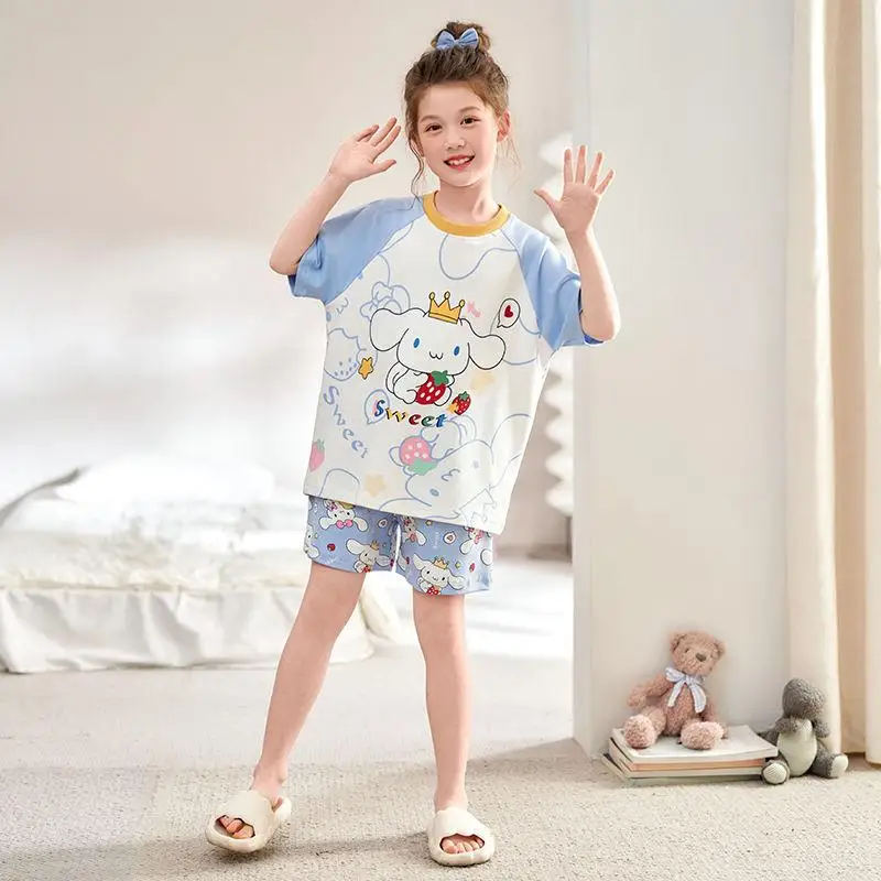 

Sanrio Cinnamoroll, летний костюм из чистого хлопка, пижамы, футболка для девочек, шорты, удобная одежда для отдыха с героями мультфильмов Kawaii, аниме, новый стиль