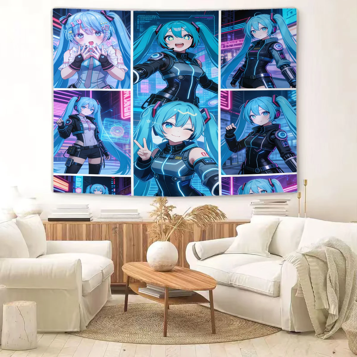 初音ミク-サイバーパンク-タペストリー-アニメ-コミック-パネル-ウォールハンギング-ウォールアート-寝室-寮の部屋の装飾、ファンギフトやコレクションに