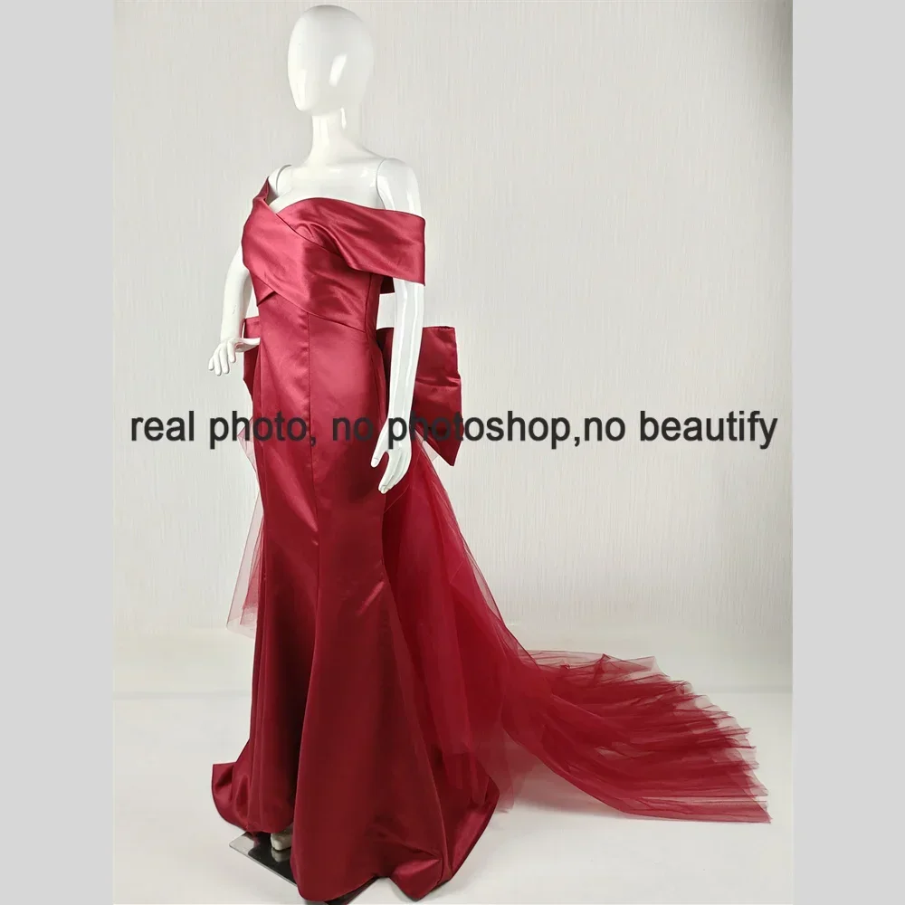 It's Yiiya Customized Real Photo Evening Dress Wine Red Satin Off the Shoulder Mermaid Floor length Plus size Party Formal Gowns