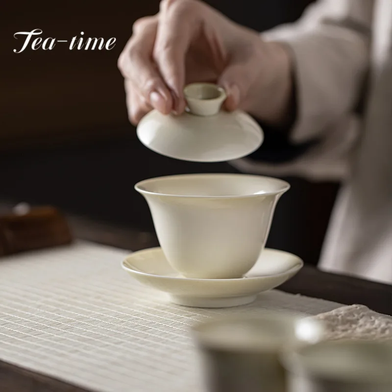 120ml Handmade Bluish Grey Glazed Ceramic Gaiwan Eggshell China Tea Tureen Tea Maker Cover Bowl Teaset Supplies Decoration Gifts