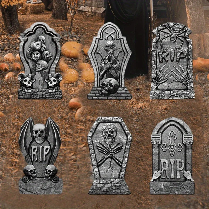 Halloween Decorations Outdoor Tombstones, 6pcs Halloween Foam Graveyard Headstone Decorations with 12 Bonus Stakes for Halloween