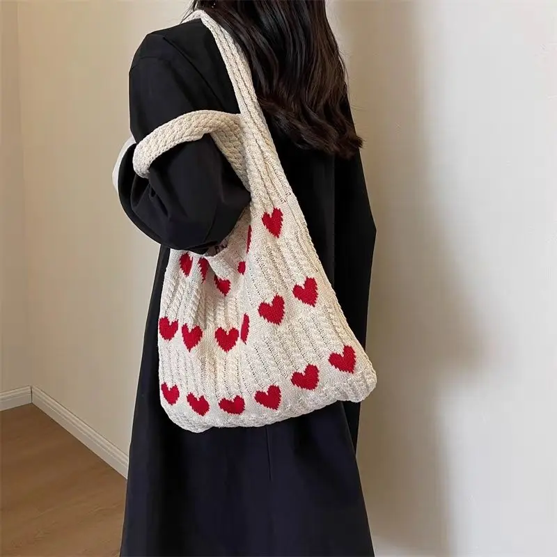 

Girls Bag Knitted Bag Korean Sweet Hollow Out Love Shape SOFT Hasp Shoulder Bag Handbag Shopping Bag