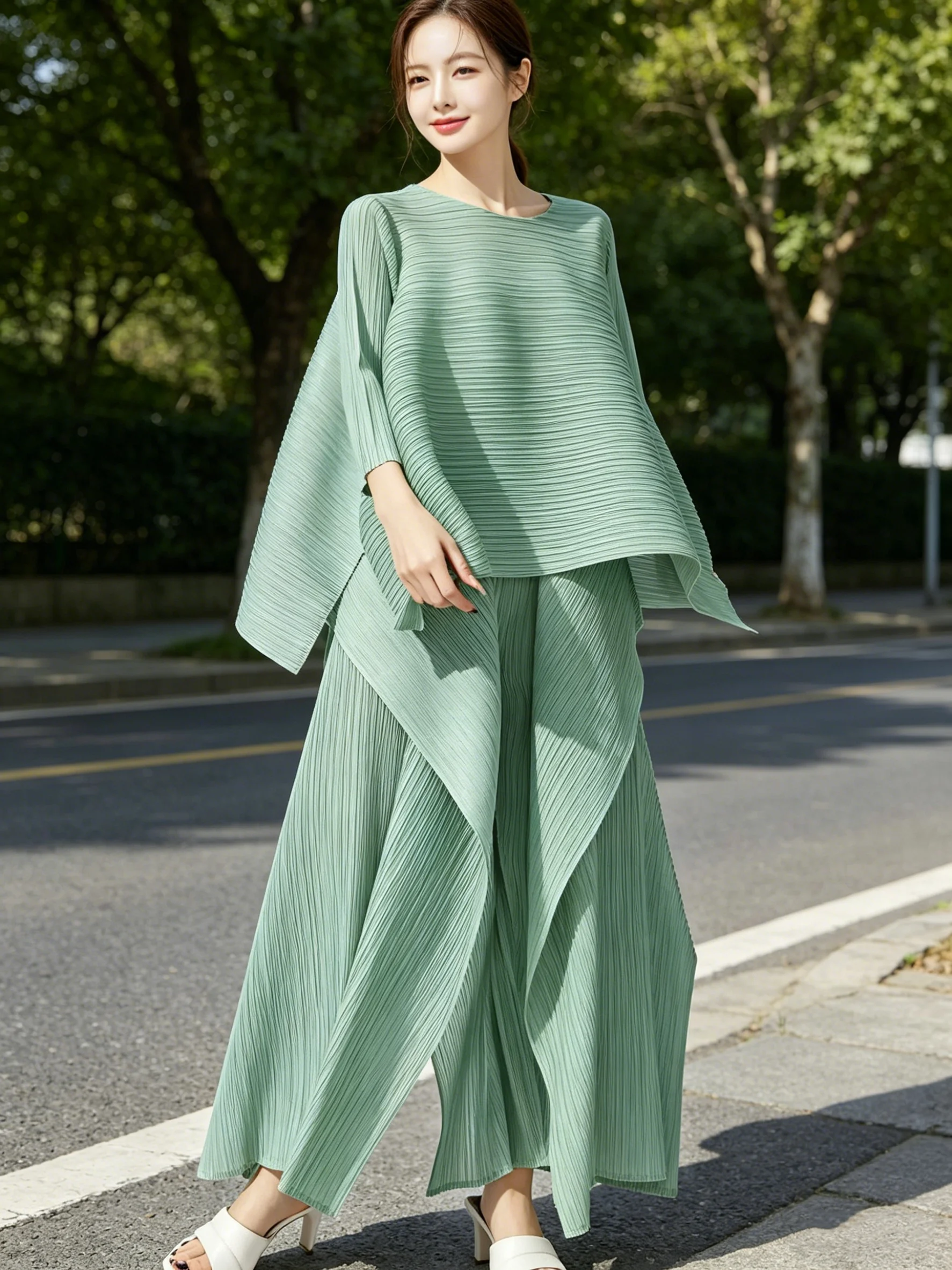 Asymmetrical Design Pleated Top Wide Leg Pants Set Women's High Waist Artistic Sensation Three Houses Style Fashion Set