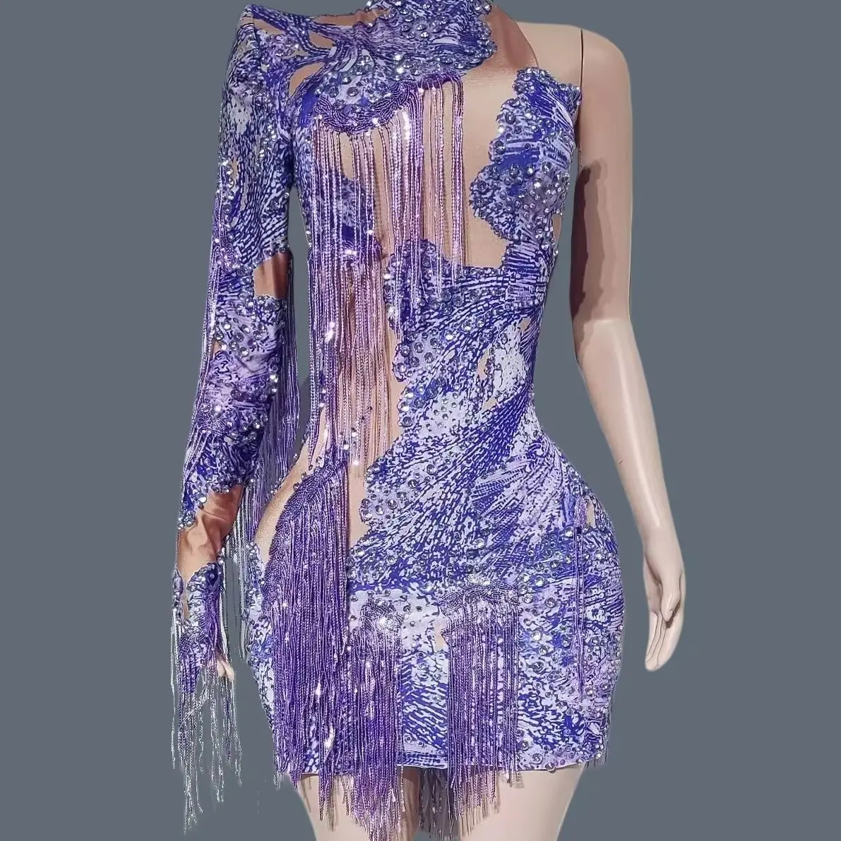 

Women gig Performer Dance Wear One Sleeves Rhinestone Sequins Tassel Tight Fitting Dress Streamer Party Spicy Girl Outfit Duxiu