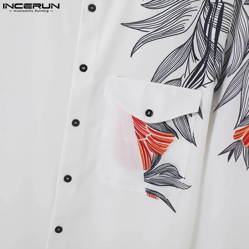 INCERUN Tops 2024 American Style Fashion Men Patchwork Leaf Print Shirts Casual Streetwear Male Lapel Short Sleeved Blouse S-5XL